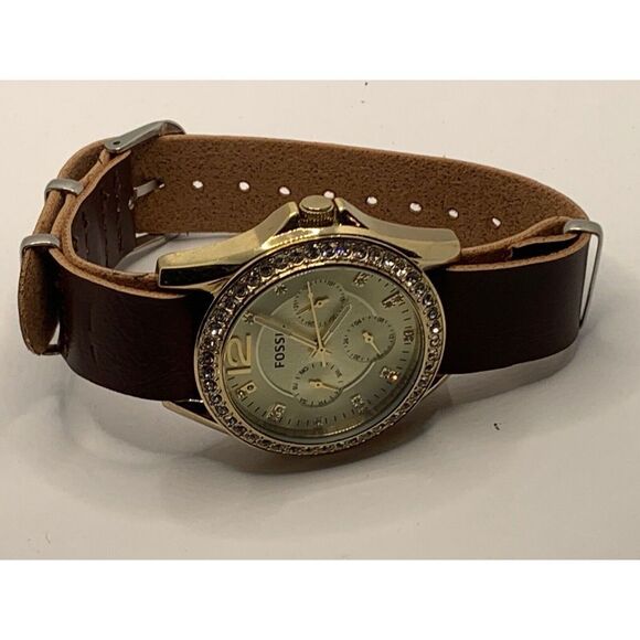 Fossil ES3203 Womens Brown Leather Analog Champagne Dial Quartz Wrist Watch RU15 - Picture 7 of 11